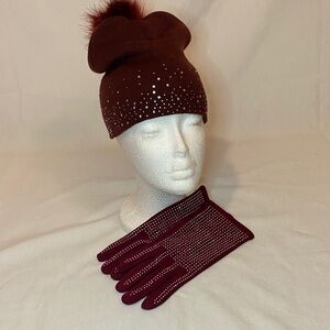 Burgundy Rhinestone Gloves and Beanie Set